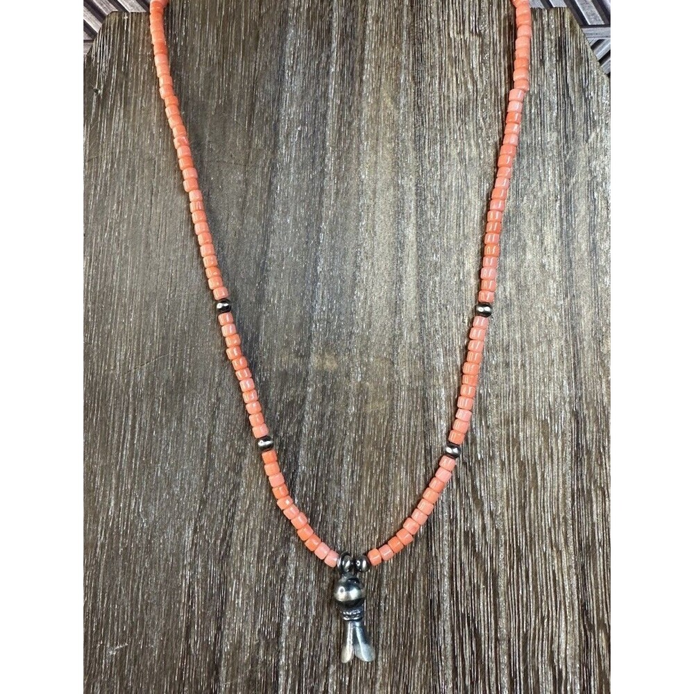 Southwest Sterling Silver 3MM Coral Heshi & 4MM Desert Pearl Squash Necklace 18”